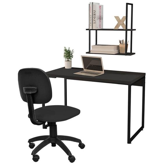 Imagem de Kit Para Escritório Mesa Soft F01 e Cadeira Economy com Prateleira Industrial Design Preto - Lyam Decor