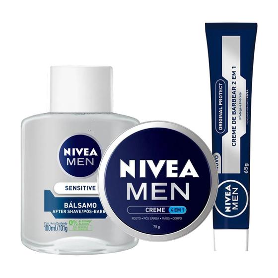 Imagem de Kit Para Fazer Barba Nivea Men Balsamo Pós-Barba Creme de Barbear 2 em 1 e Creme 4 em 1 Rosto Mãos e Corpo Hidratação