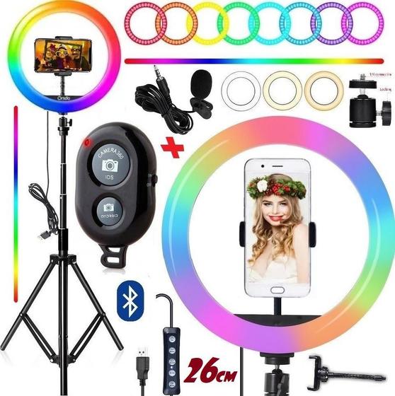Imagem de Kit Para Fazer Vídeos Hing Light Iluminador Rgb Colorido Microfone Gravação Celular Tripé Universal Blogueiro Video Aula