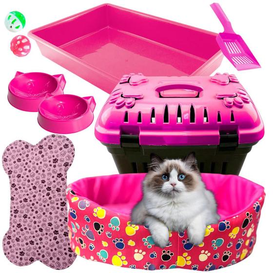 Imagem de Kit para Gato Caixa de Areia Completa + Cx Transporte Pet + Cama europa de Gato + Tapetinho e 2 Bolinhas de Guizo