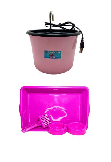 Imagem de Kit para Gatos - Bandeja, Pa e Comedouro e Fonte para Gatos Usb com Bomba Submersa Hidrapet - Rosa