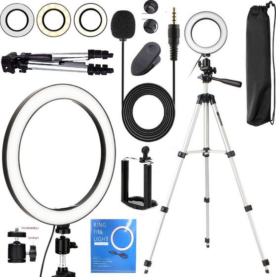Imagem de Kit Para Gravação de Vídeo Profissional Tripé Para Câmera Celular + Iluminador Ring Light Led + Microfone de Lapela