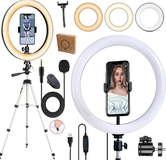 Imagem de Kit Para Gravação de Vídeo Profissional Tripé Telescópico Microfone de Lapela Celular Youtuber + Iluminador Ring Light
