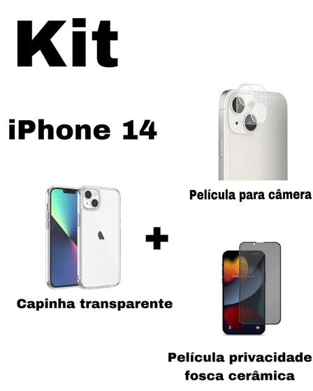Imagem de Kit para iPhone 14 Capa Transparente + Película Fosca Privacidade + Película De Câmera