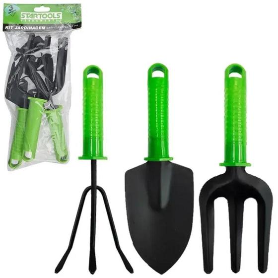 Imagem de Kit para jardim com pa + garfo e ancinho / rastelo cabo plastico verde 3 pecas na solapa - STARTOOLS