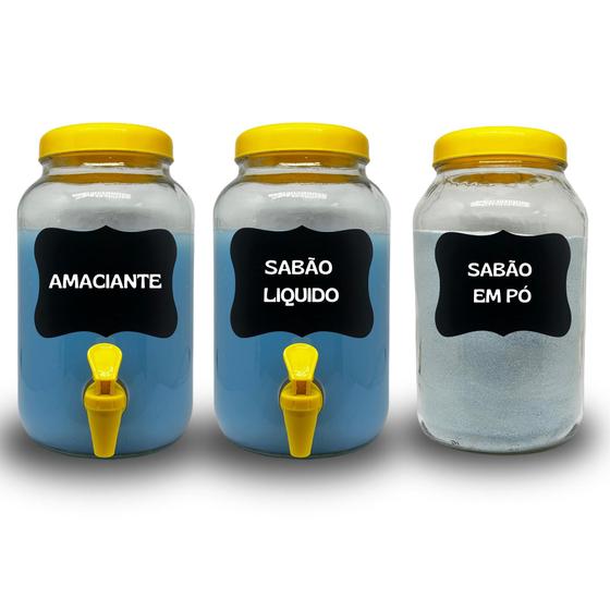 Imagem de Kit Para Lavanderia, Pote para Sabão em Pó, Sabão Liquido e Amaciante 3 Litros de Vidro