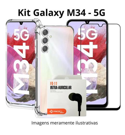 Imagem de Kit para M34 - Capa Transparente + Pelicula 3D + Fone com fio para Samsung Galaxy M34 5G