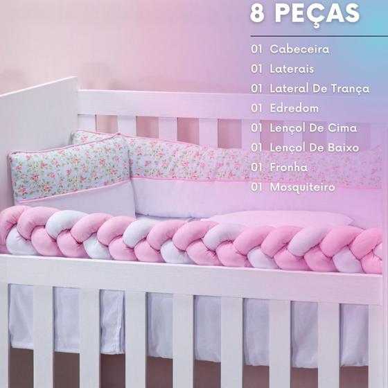 Imagem de Kit Para Mini Berço de Menina Floral Rosa e Verde 08 Peças Nova Linha