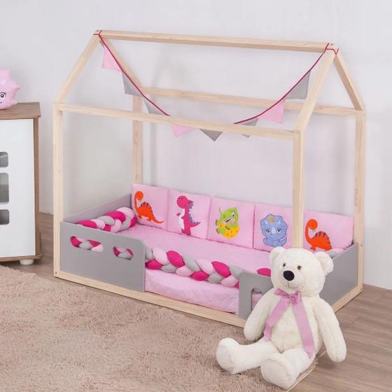 Imagem de Kit Para Mini Cama Montessoriana Menina Dinossauro Rosa