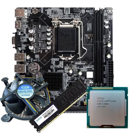 Imagem de Kit Para Montagem de Computador, Placa Mãe GT-H61, Processador Core i3- 3220, Memória 8GB DDR3, Cooler Para Processador