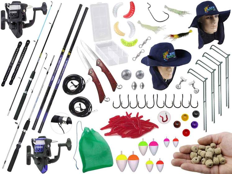 Imagem de Kit Para Pesca Com 2 Varas Para Molinete 1,50m + 2 Varas Telescópicas 22% Carbono (4,00m e 4,50m) + 2 Molinetes + 2 Chapéus + Acessórios (Ref. 201)