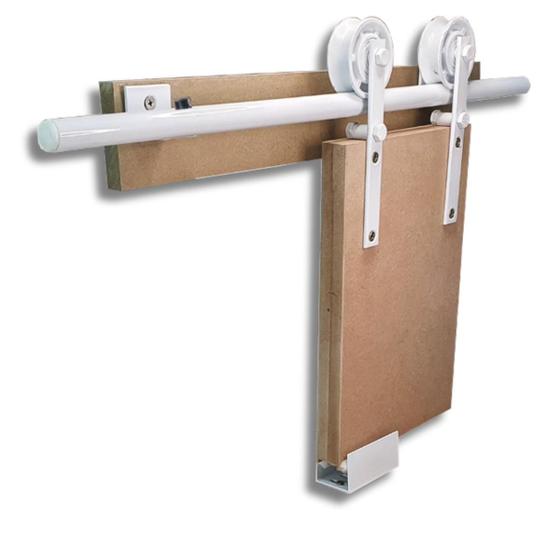 Imagem de Kit para Porta Celeiro Tubular até 55cm Trilho Dividido Branco - 1,10m