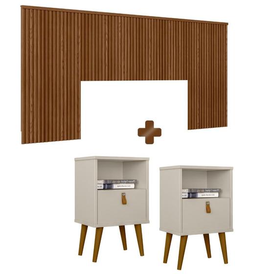 Imagem de Kit Para Quarto Cabeceira Queen Casal Ripada Com 2 Mesas De Cabeceira Freijó Shop JM