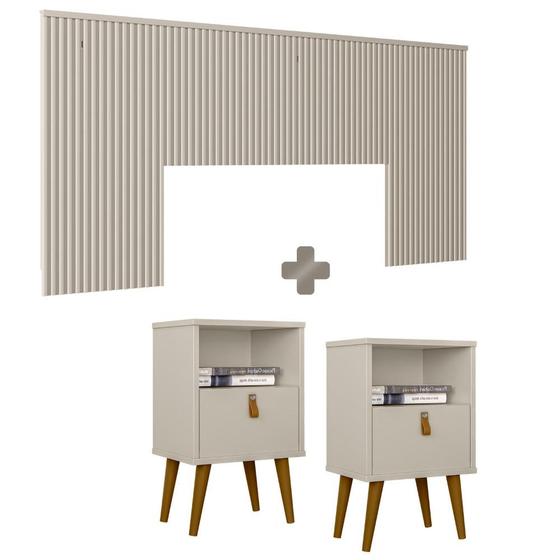 Imagem de Kit Para Quarto Cabeceira Queen Casal Ripada Com 2 Mesas De Cabeceira Off White Shop JM