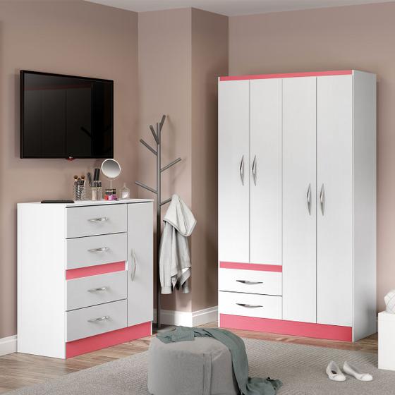 Kit para Quarto Infantil Rosa com Guarda-Roupa e Cômoda MDP Branco 2074 MENU Menor preço em Kit para Quarto Infantil Rosa com Guarda-Roupa e Cômoda MDP Branco 2074 MENU