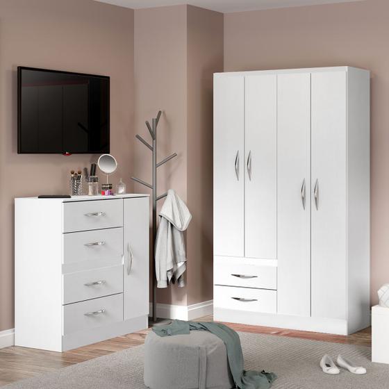 Imagem de Kit para Quarto Pequeno com Guarda-Roupa e Cômoda MDP Branco 2074 MENU