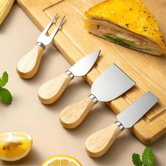 Imagem de Kit Para Queijos 4 Peças Cortador De Frios Manual Conjunto Para Queijo Inox Mini Facas Cozinha