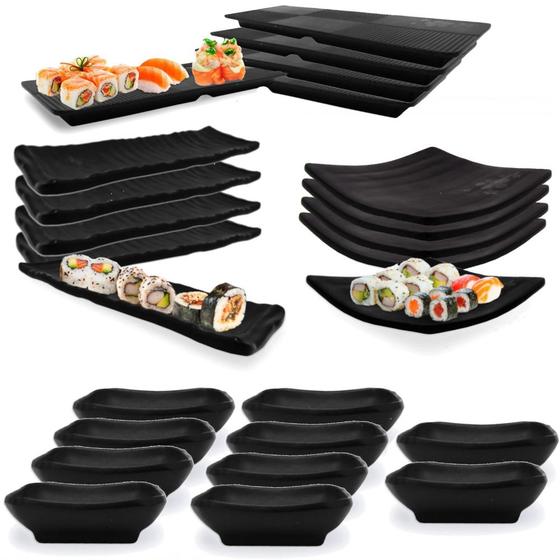 Imagem de Kit para Sushi com Travessas, Molheiras e Pratos Preto em Melamina  Bestfer 