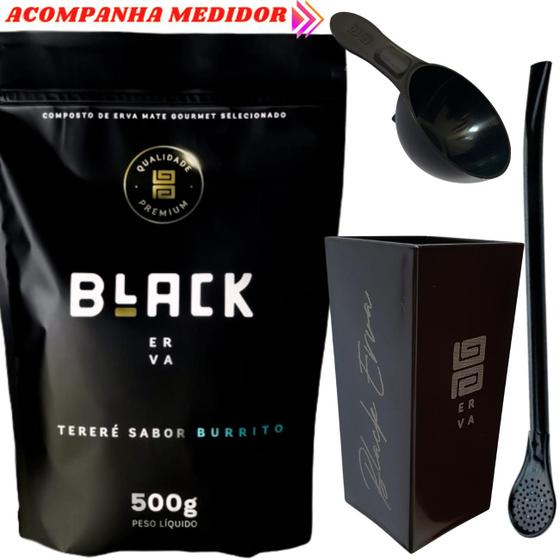 Imagem de Kit Para Tereré Black Erva Mate 500g + Copo Cuia Quadrado Acrílico + Bomba Clássica Preta