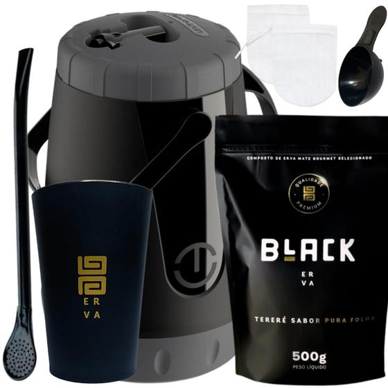 Imagem de Kit Para Tereré Black Erva Mate 500g+Garrafa Lisa+Copo Caldereta Preto+Bomba Preta Escolha Sabor