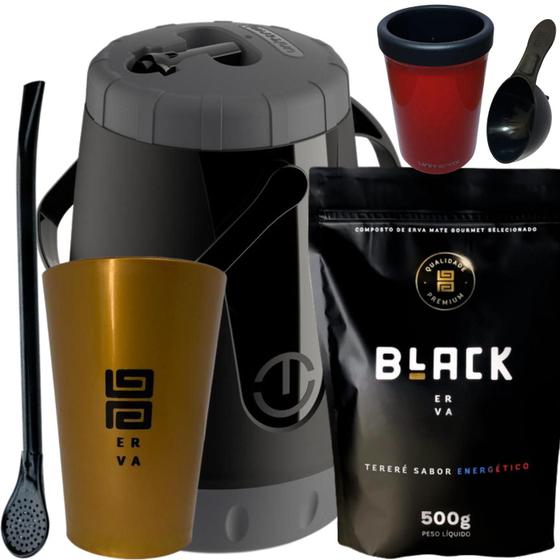 Imagem de Kit Para Tereré Copo Acrílico Dourado Garrafa Lisa Bomba Black Erva 500g Filtro bomba Colhermedidora