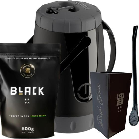 Imagem de Kit Para Tereré Garrafa Lisa Black Erva Mate 500g Copo Cuia Quadrado Acrílico Bomba Clássica Preta