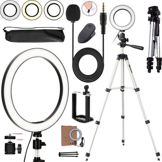 Imagem de Kit Para Youtuber Tripé Profissional Câmera Celular Iluminador Led Ring Light 3 Cores + Microfone Lapela Gravação Vídeo