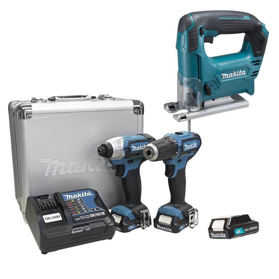 Imagem de Kit Parafusadeira Furadeira Tico Tico 3 Bat Lítio Bivolt 12V CLX224SAX + JV101DZP Makita