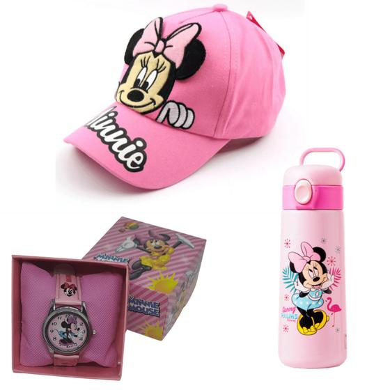 Imagem de Kit Passeio Disney (Minnie Mouse)  Garrafa Térmica 530 ml, Boné e Relógio Personalizados.