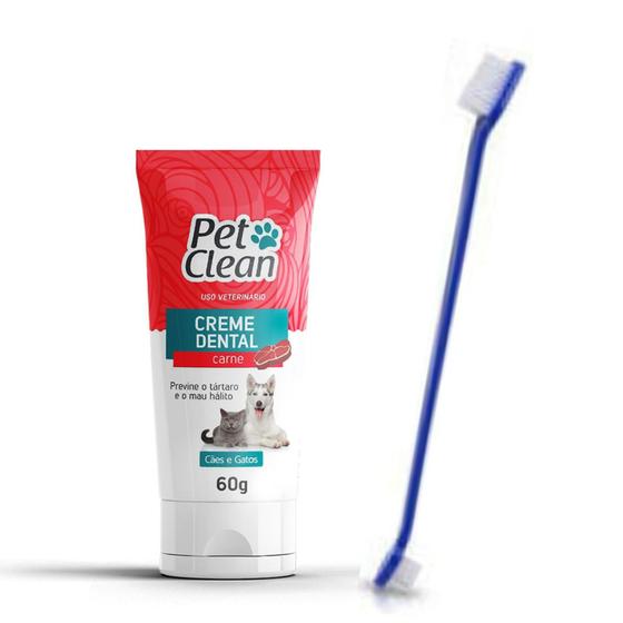 Imagem de Kit Pasta de Dente Pet Clean e Escova Dupla para Cachorros e Gatos Previne Mau Hálito