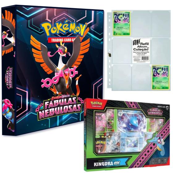 Imagem de Kit Pasta Fichário Pokémon Escarlete e Violeta Fábulas Nebulosas com 10 Folhas e Box Kingdra TCG