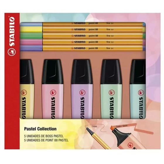 Imagem de Kit pastel collection stabilo com 5 marcador boss e 5 canetas point 88