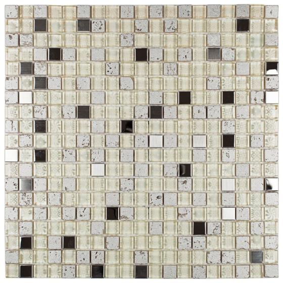 Imagem de Kit Pastilha de Vidro e Metal com 10 Placas de 31cm x 31cm Rende 1m² Glass Mosaic - caixa com 10 Unidade - Branco/Metal