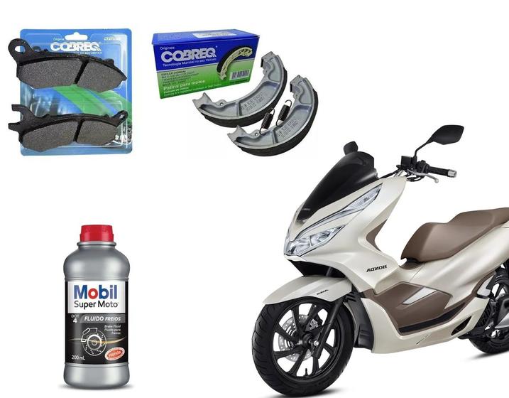 Imagem de Kit Pastilha Freio Dianteira + Lona Traseira Cobreq + Fluido Mobil Dot 4 Pcx 150