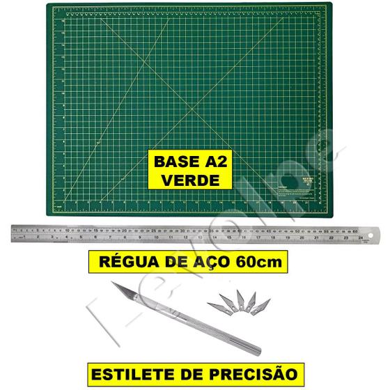 Imagem de Kit patchwork base corte verde 60x45 + regua aço 60cm + estilete