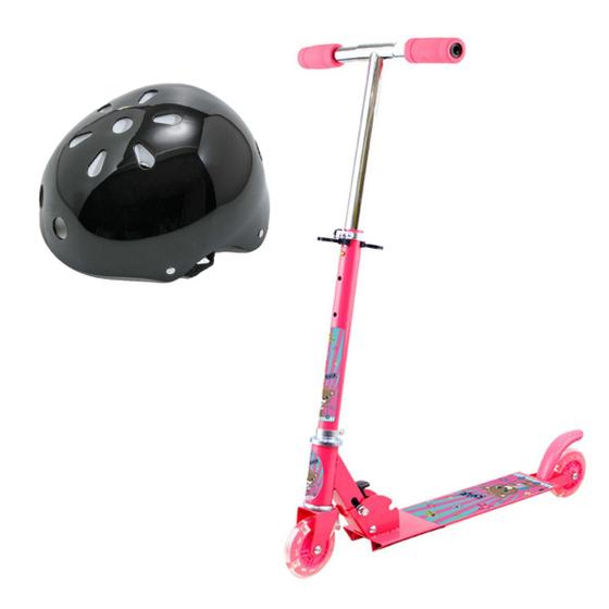 Imagem de Kit Patinete 2 Rodas Led Menina Urso Dobrável Com Capacete