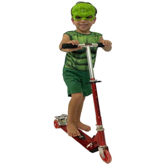 Imagem de Kit Patinete Dm Toys Reforçado Led + Fantasia e Mascara Hulk