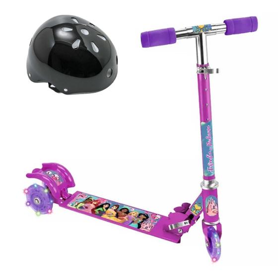 Imagem de Kit Patinete Dobrável Princesas 3 Rodas C/Led + Capacete