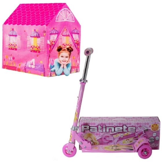 Imagem de Kit Patinete Infantil Dobrável Pink 3 Rodinhas e Barraquinha