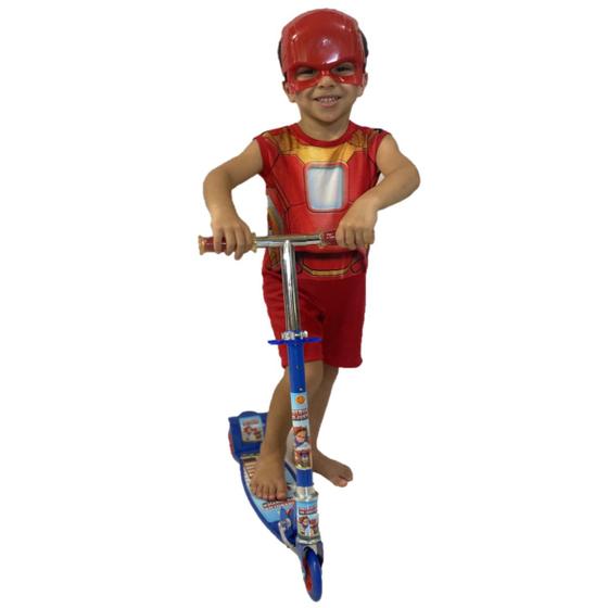 Imagem de Kit Patinete Menino Infantil Azul + Fantasia Homem de Ferro