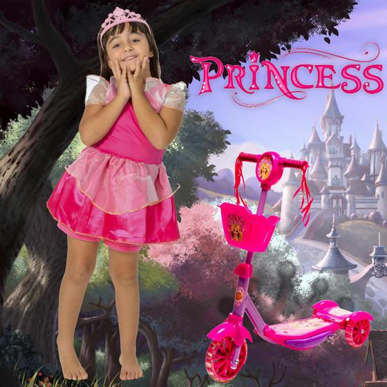 Imagem de Kit Patinete Rosa Cestinha 3 Rodinhas Som Luz Roupa Princesa