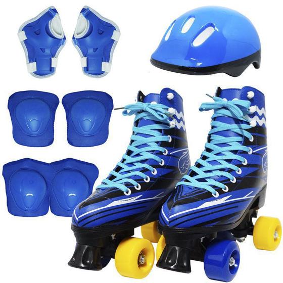 Imagem de Kit Patins Clássico Quad 4 Rodas Roller + Acessórios Masculino Azul Tam 29 Importway BW-021-AZ