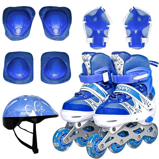 Imagem de Kit Patins In Line Ajustável Azul + Acessórios Proteção Freio Traseiro E Tamanho Ajustável 30-37 - Zippy Toys