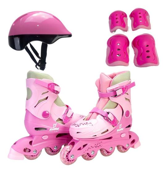 Imagem de Kit Patins Infantil Rosa Roller In-line Ajustáveis Feminino Kit Proteção Completo - Fenix