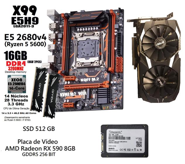 Kit PC X99 Gaming + Xeon E5 2680v4 14 Núcleos (Ryzen 5 5600) + 16GB DDR4 + RX 590 8GB + SSD 512 GB Menor preço em Kit PC X99 Gaming + Xeon E5 2680v4 14 Núcleos (Ryzen 5 5600) + 16GB DDR4 + RX 590 8GB + SSD 512 GB