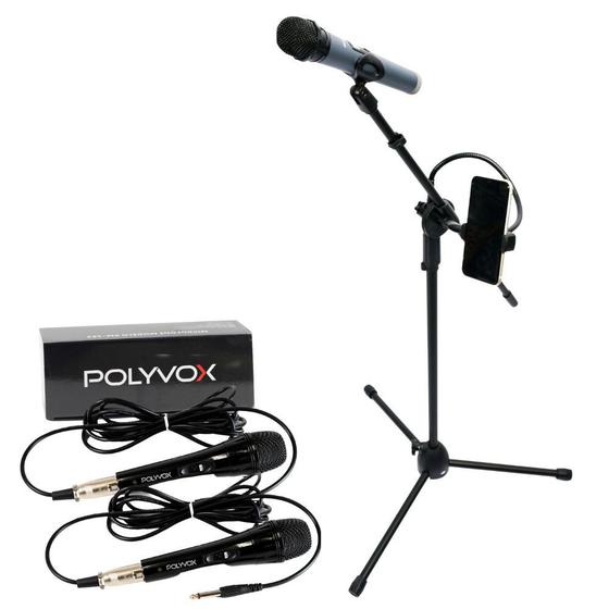 Imagem de Kit Pedestal Tripé +Suporte p/ Celular+2 Microfones com Fio