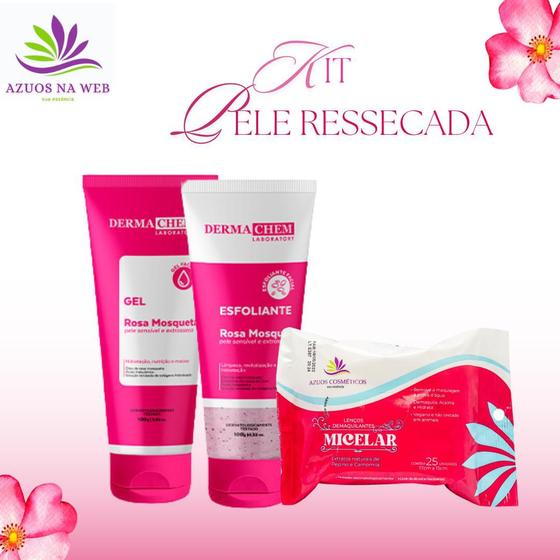 Imagem de Kit Pele Ressecada Rosa Mosqueta Dermachem - Gel esfoliante + Gel Facial + Lenço demaquilante Micelar Azuos .