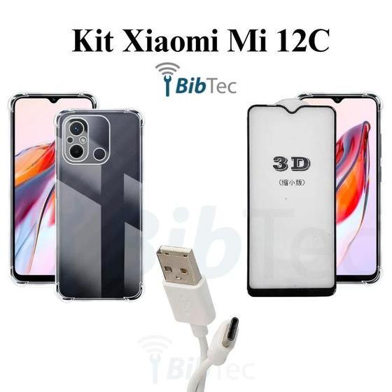 Imagem de Kit Película 3D de Vidro + Capinha Transparente + Cabo Carregador Tipo C para Xiaomi Mi 12 C
