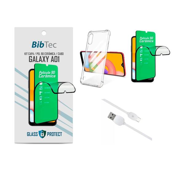 Imagem de Kit Película 9D Cerâmica + Capa Transparente + Cabo Turbo Micro USB Samsung Galaxy A01