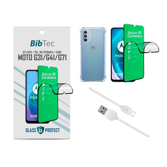 Imagem de Kit Película 9D Cerâmica + Capa Transparente + Cabo USB Tipo C Motorola MOTO G31/G41/G71